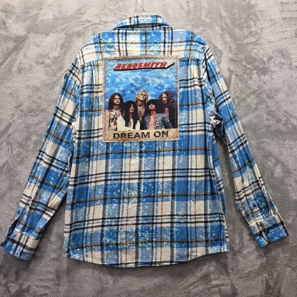 Aerosmith Shirt Mens Large Blue Plaid Flannel Angry Minnow Dream On Patch Rock - Picture 7 of 11